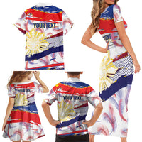 Philippines Sun Tattoo Family Matching Short Sleeve Bodycon Dress and Hawaiian Shirt Feathers Filipinas Grunge Style White