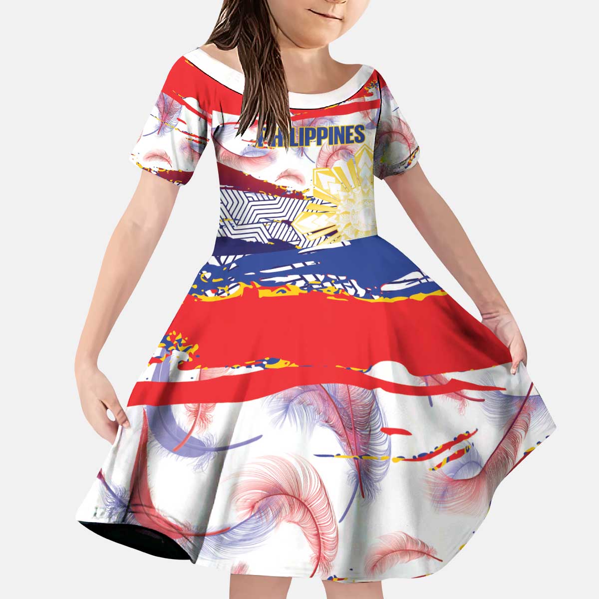 Philippines Sun Tattoo Kid Short Sleeve Dress Feathers Filipinas Grunge Style White LT14 KID White - Polynesian Pride