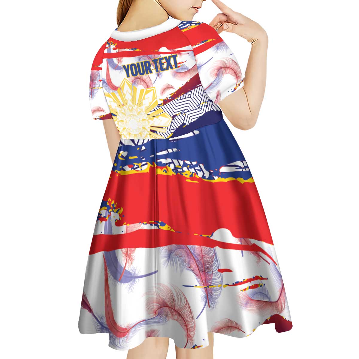Philippines Sun Tattoo Kid Short Sleeve Dress Feathers Filipinas Grunge Style White LT14 - Polynesian Pride