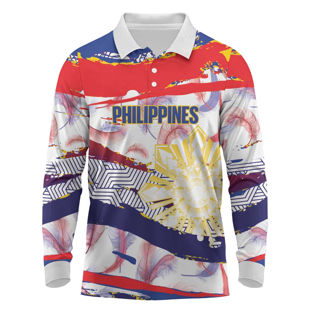 Philippines Sun Tattoo Long Sleeve Polo Shirt Feathers Filipinas Grunge Style White