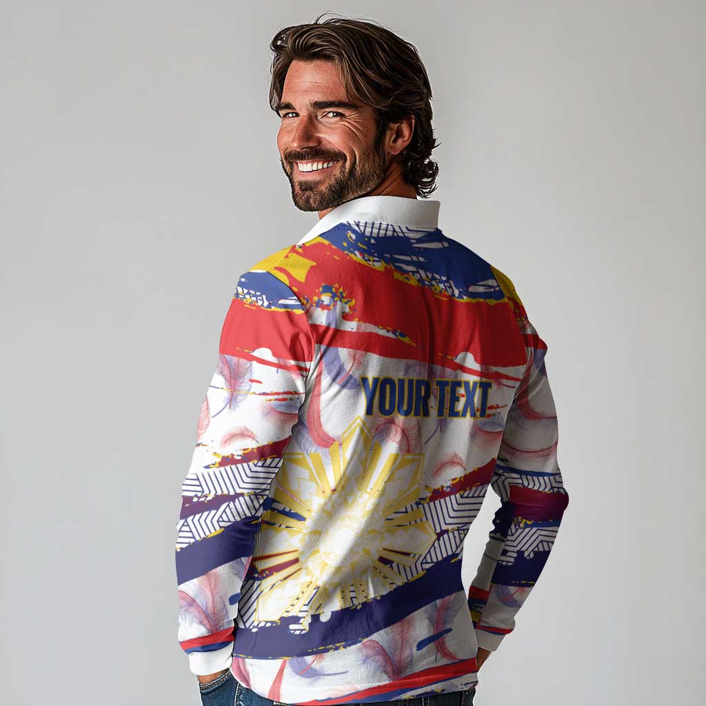 Philippines Sun Tattoo Long Sleeve Polo Shirt Feathers Filipinas Grunge Style White