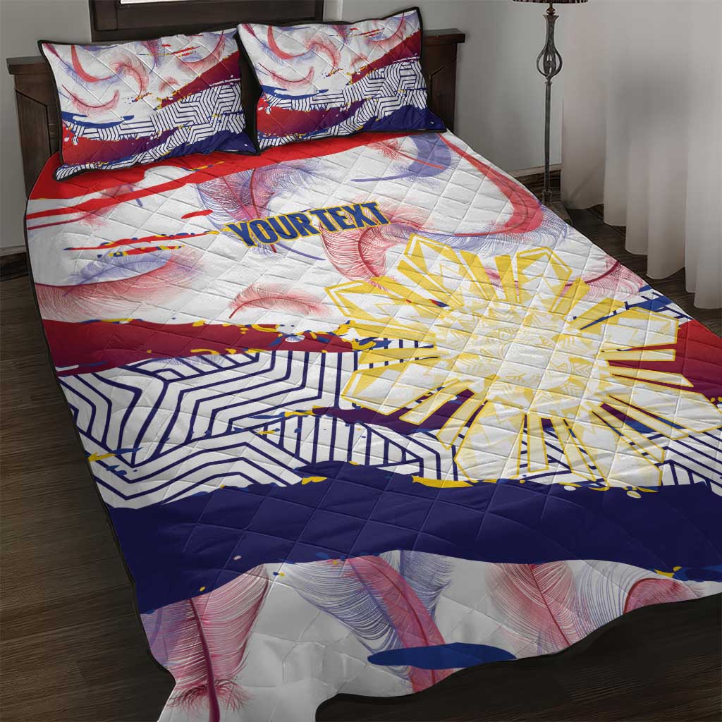 Philippines Sun Tattoo Quilt Bed Set Feathers Filipinas Grunge Style White