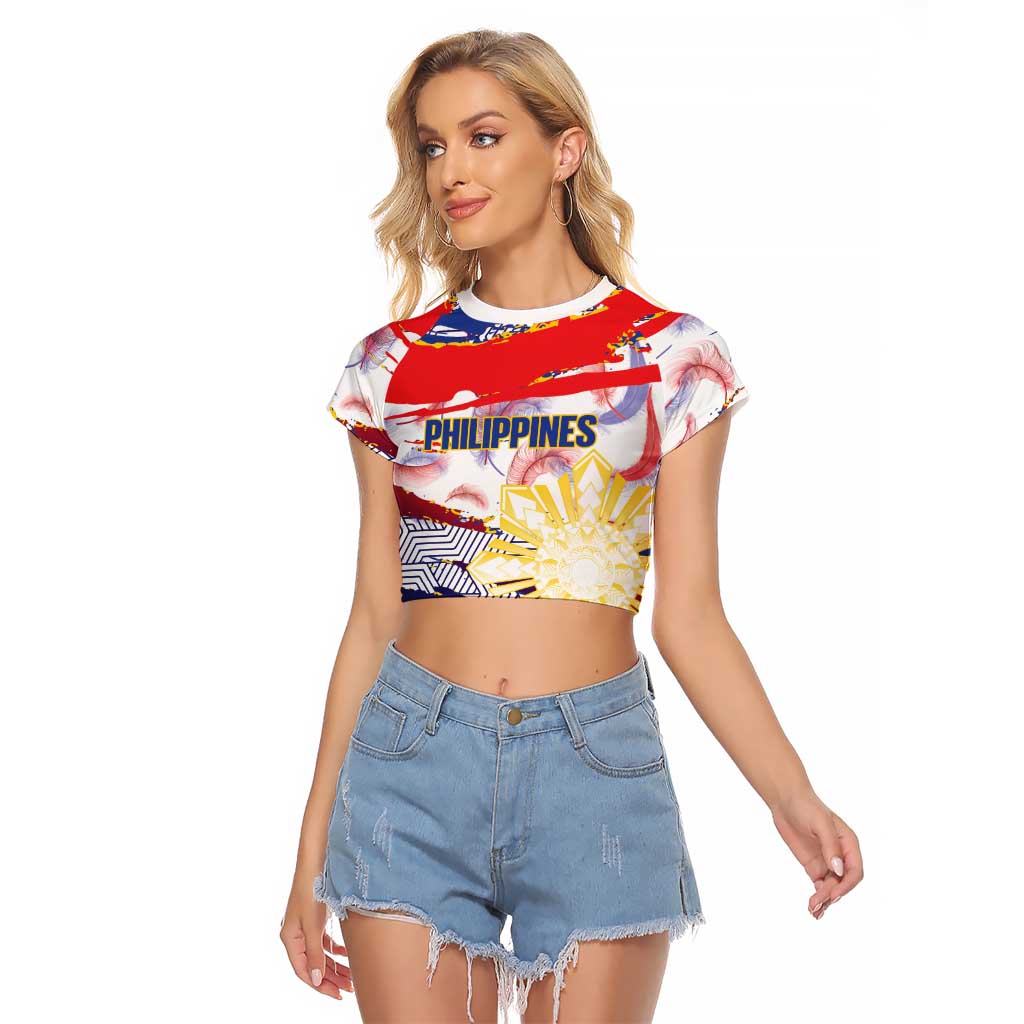 Philippines Sun Tattoo Raglan Cropped T Shirt Feathers Filipinas Grunge Style White LT14 Female White - Polynesian Pride