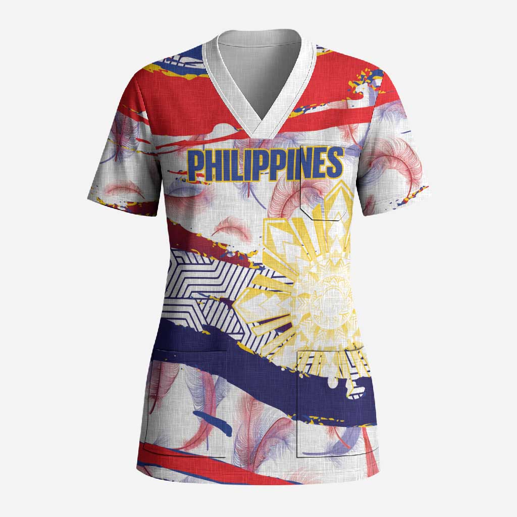 Philippines Sun Tattoo Scrub Top Feathers Filipinas Grunge Style White LT14 Adult White - Polynesian Pride