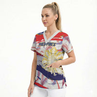Philippines Sun Tattoo Scrub Top Feathers Filipinas Grunge Style White
