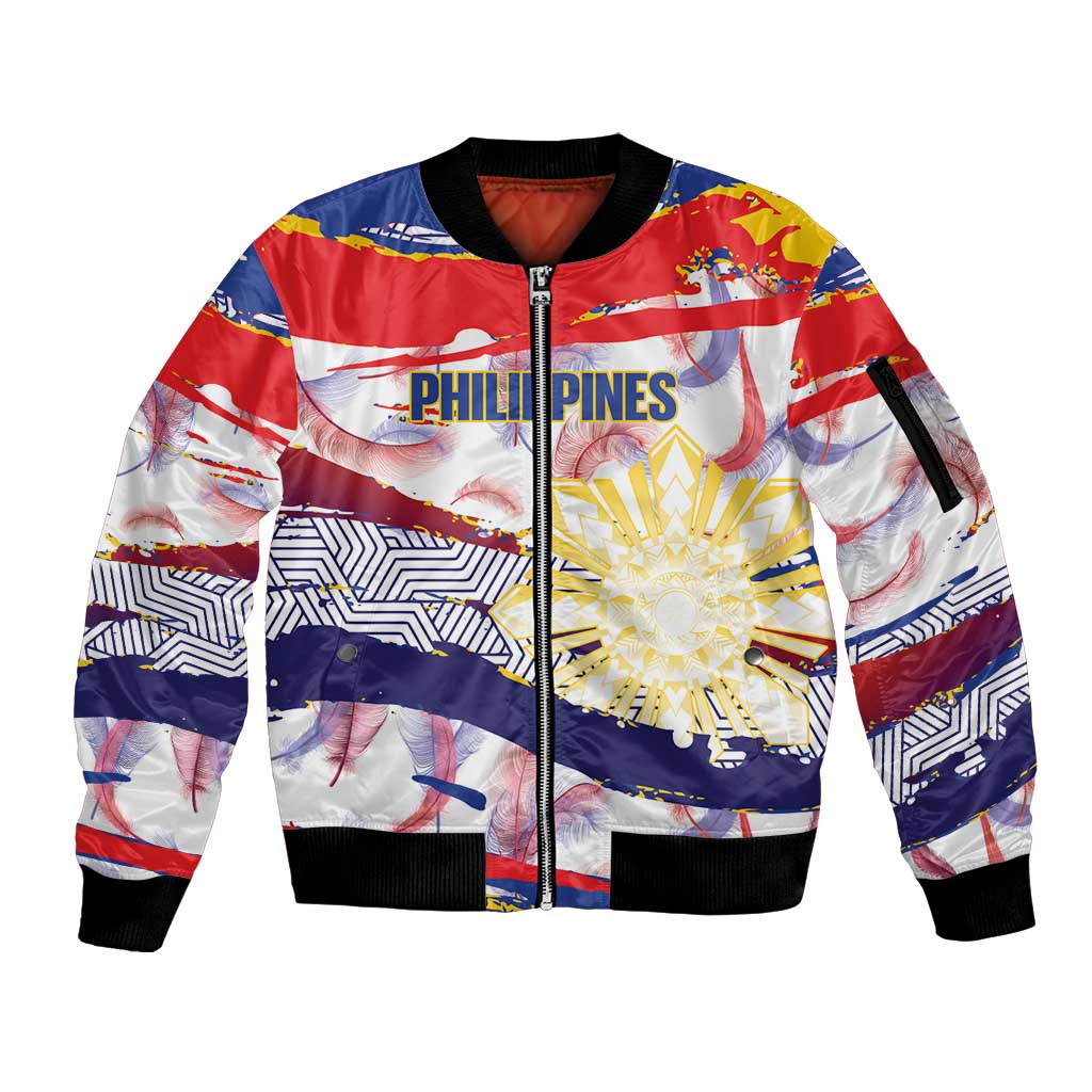 Philippines Sun Tattoo Sleeve Zip Bomber Jacket Feathers Filipinas Grunge Style White LT14 Unisex White - Polynesian Pride