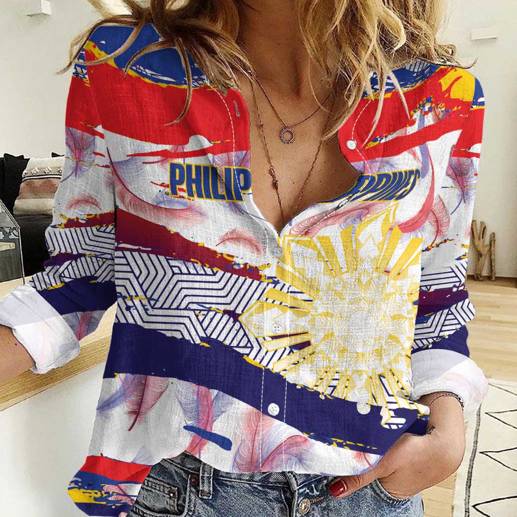 Philippines Sun Tattoo Women Casual Shirt Feathers Filipinas Grunge Style White LT14 Female White - Polynesian Pride