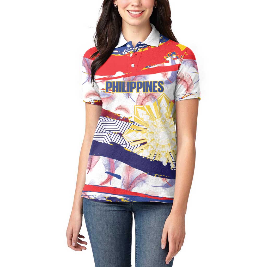 Philippines Sun Tattoo Women Polo Shirt Feathers Filipinas Grunge Style White LT14 - Polynesian Pride