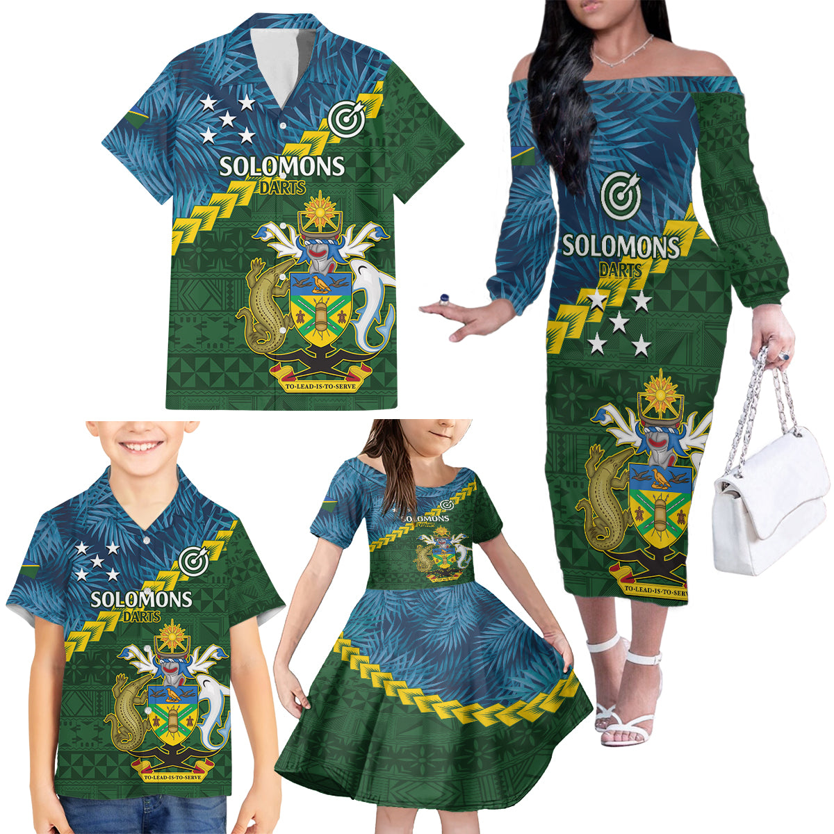 Personalised Solomon Islands Darts Family Matching Off The Shoulder Long Sleeve Dress and Hawaiian Shirt Tropical Leaves Melanesian Pattern