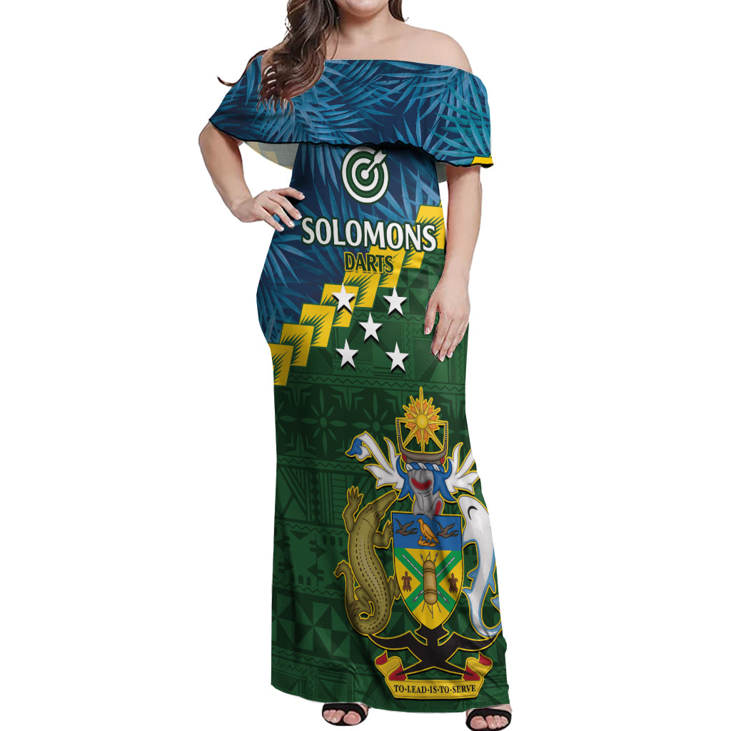 Personalised Solomon Islands Darts Off Shoulder Maxi Dress Tropical Leaves Melanesian Pattern LT14 Women Green - Polynesian Pride
