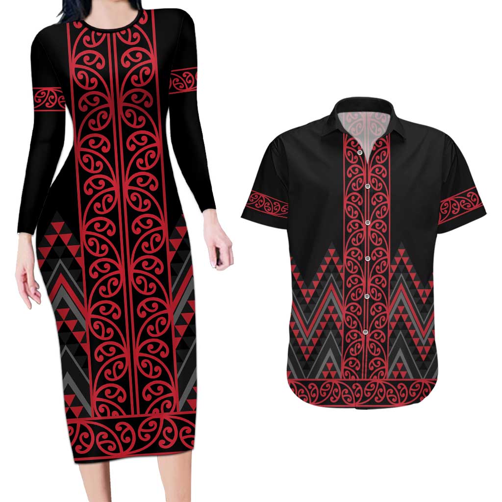 Red Aotearoa Mangopare Kowhaiwhai and Niho Taniwha Couples Matching Long Sleeve Bodycon Dress and Hawaiian Shirt Maori New Zealand