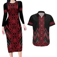 Red Aotearoa Mangopare Kowhaiwhai and Niho Taniwha Couples Matching Long Sleeve Bodycon Dress and Hawaiian Shirt Maori New Zealand