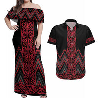 Red Aotearoa Mangopare Kowhaiwhai and Niho Taniwha Couples Matching Off Shoulder Maxi Dress and Hawaiian Shirt Maori New Zealand