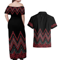 Red Aotearoa Mangopare Kowhaiwhai and Niho Taniwha Couples Matching Off Shoulder Maxi Dress and Hawaiian Shirt Maori New Zealand