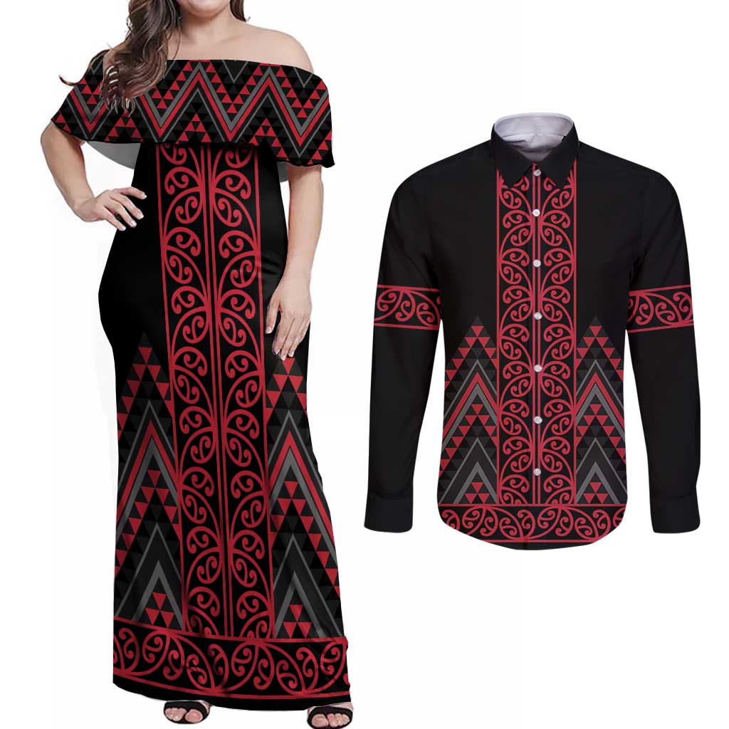 Red Aotearoa Mangopare Kowhaiwhai and Niho Taniwha Couples Matching Off Shoulder Maxi Dress and Long Sleeve Button Shirt Maori New Zealand
