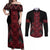 Red Aotearoa Mangopare Kowhaiwhai and Niho Taniwha Couples Matching Off Shoulder Maxi Dress and Long Sleeve Button Shirt Maori New Zealand