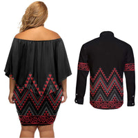 Red Aotearoa Mangopare Kowhaiwhai and Niho Taniwha Couples Matching Off Shoulder Short Dress and Long Sleeve Button Shirt Maori New Zealand