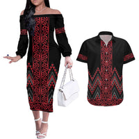 Red Aotearoa Mangopare Kowhaiwhai and Niho Taniwha Couples Matching Off The Shoulder Long Sleeve Dress and Hawaiian Shirt Maori New Zealand