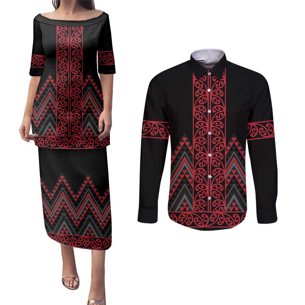 Red Aotearoa Mangopare Kowhaiwhai and Niho Taniwha Couples Matching Puletasi and Long Sleeve Button Shirt Maori New Zealand