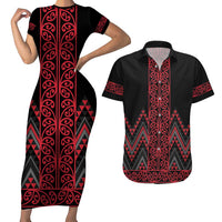 Red Aotearoa Mangopare Kowhaiwhai and Niho Taniwha Couples Matching Short Sleeve Bodycon Dress and Hawaiian Shirt Maori New Zealand