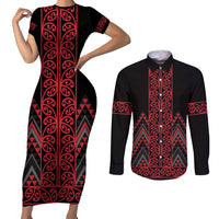 Red Aotearoa Mangopare Kowhaiwhai and Niho Taniwha Couples Matching Short Sleeve Bodycon Dress and Long Sleeve Button Shirt Maori New Zealand