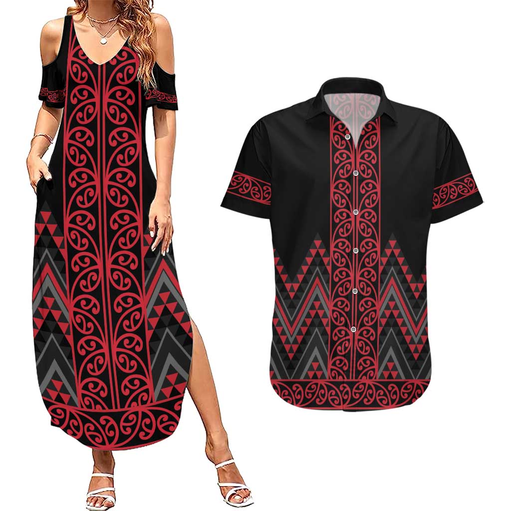 Red Aotearoa Mangopare Kowhaiwhai and Niho Taniwha Couples Matching Summer Maxi Dress and Hawaiian Shirt Maori New Zealand