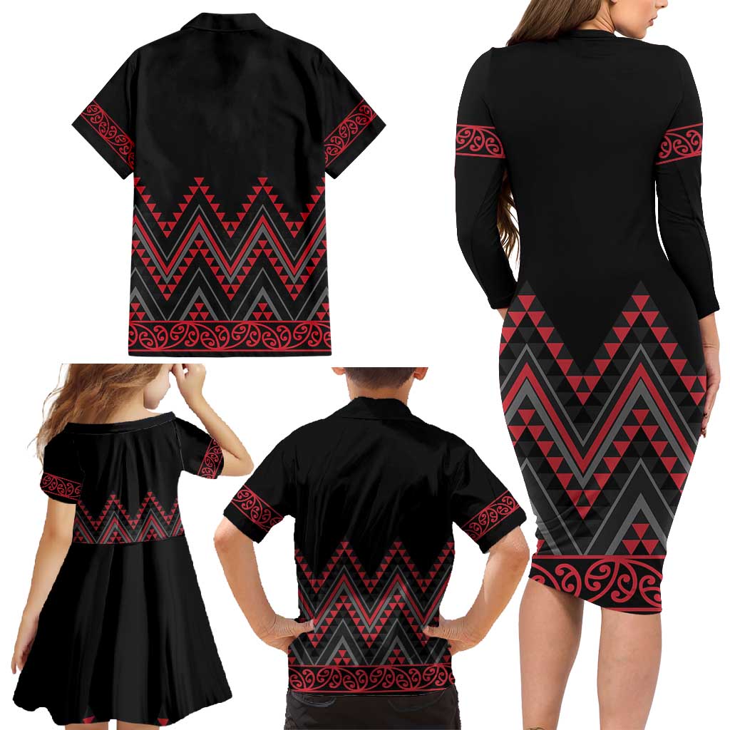 Red Aotearoa Mangopare Kowhaiwhai and Niho Taniwha Family Matching Long Sleeve Bodycon Dress and Hawaiian Shirt Maori New Zealand