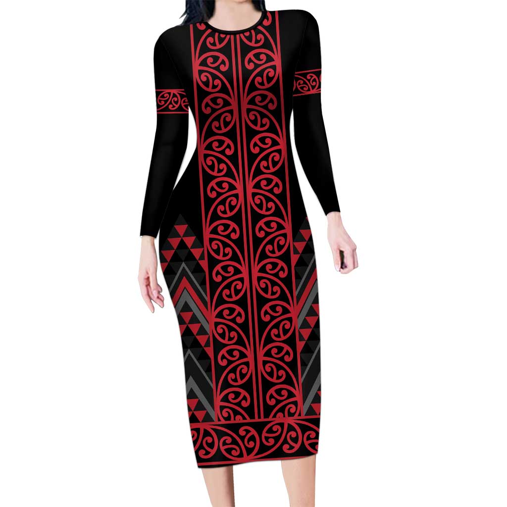 Red Aotearoa Mangopare Kowhaiwhai and Niho Taniwha Family Matching Long Sleeve Bodycon Dress and Hawaiian Shirt Maori New Zealand