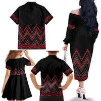 Red Aotearoa Mangopare Kowhaiwhai and Niho Taniwha Family Matching Off The Shoulder Long Sleeve Dress and Hawaiian Shirt Maori New Zealand