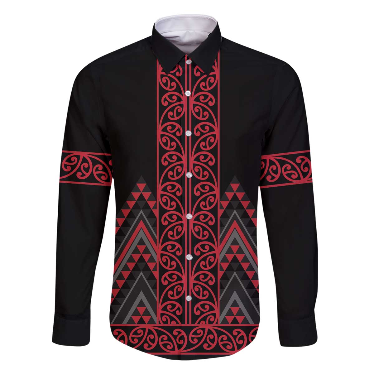 Red Aotearoa Mangopare Kowhaiwhai and Niho Taniwha Family Matching Off The Shoulder Long Sleeve Dress and Hawaiian Shirt Maori New Zealand