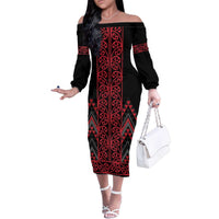 Red Aotearoa Mangopare Kowhaiwhai and Niho Taniwha Family Matching Off The Shoulder Long Sleeve Dress and Hawaiian Shirt Maori New Zealand