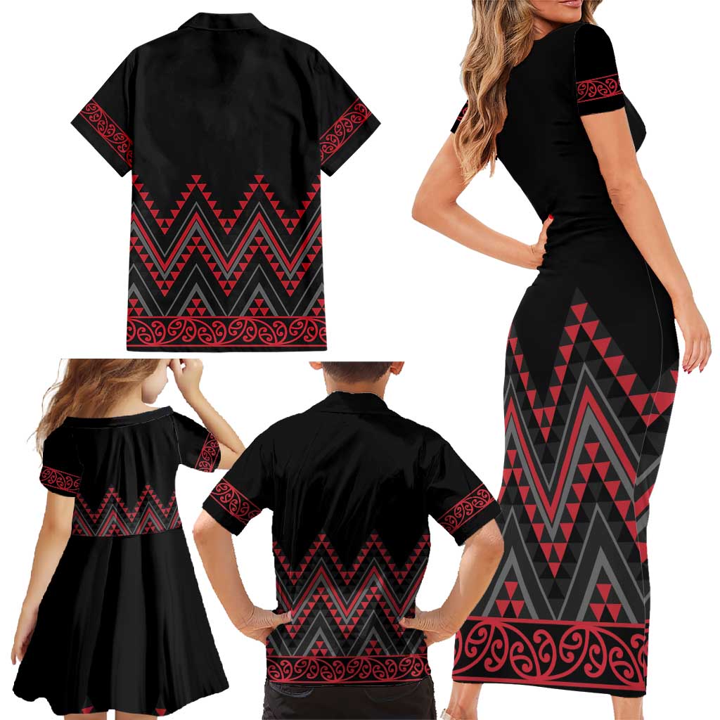 Red Aotearoa Mangopare Kowhaiwhai and Niho Taniwha Family Matching Short Sleeve Bodycon Dress and Hawaiian Shirt Maori New Zealand