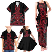 Red Aotearoa Mangopare Kowhaiwhai and Niho Taniwha Family Matching Tank Maxi Dress and Hawaiian Shirt Maori New Zealand
