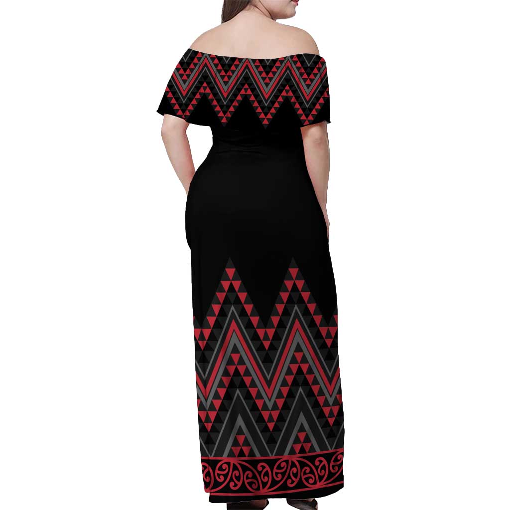 Red Aotearoa Mangopare Kowhaiwhai and Niho Taniwha Off Shoulder Maxi Dress Maori New Zealand