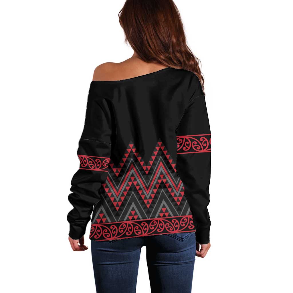 Red Aotearoa Mangopare Kowhaiwhai and Niho Taniwha Off Shoulder Sweater Maori New Zealand