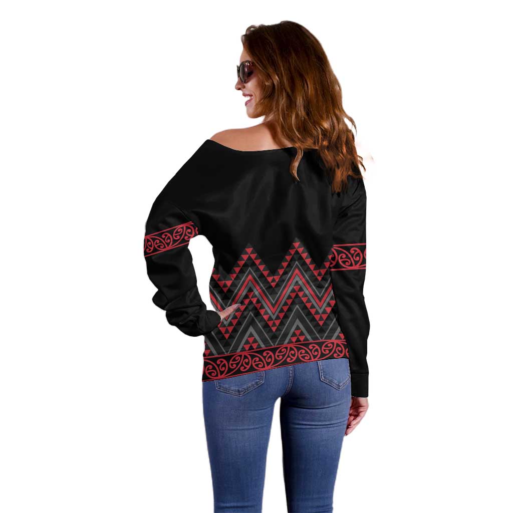 Red Aotearoa Mangopare Kowhaiwhai and Niho Taniwha Off Shoulder Sweater Maori New Zealand