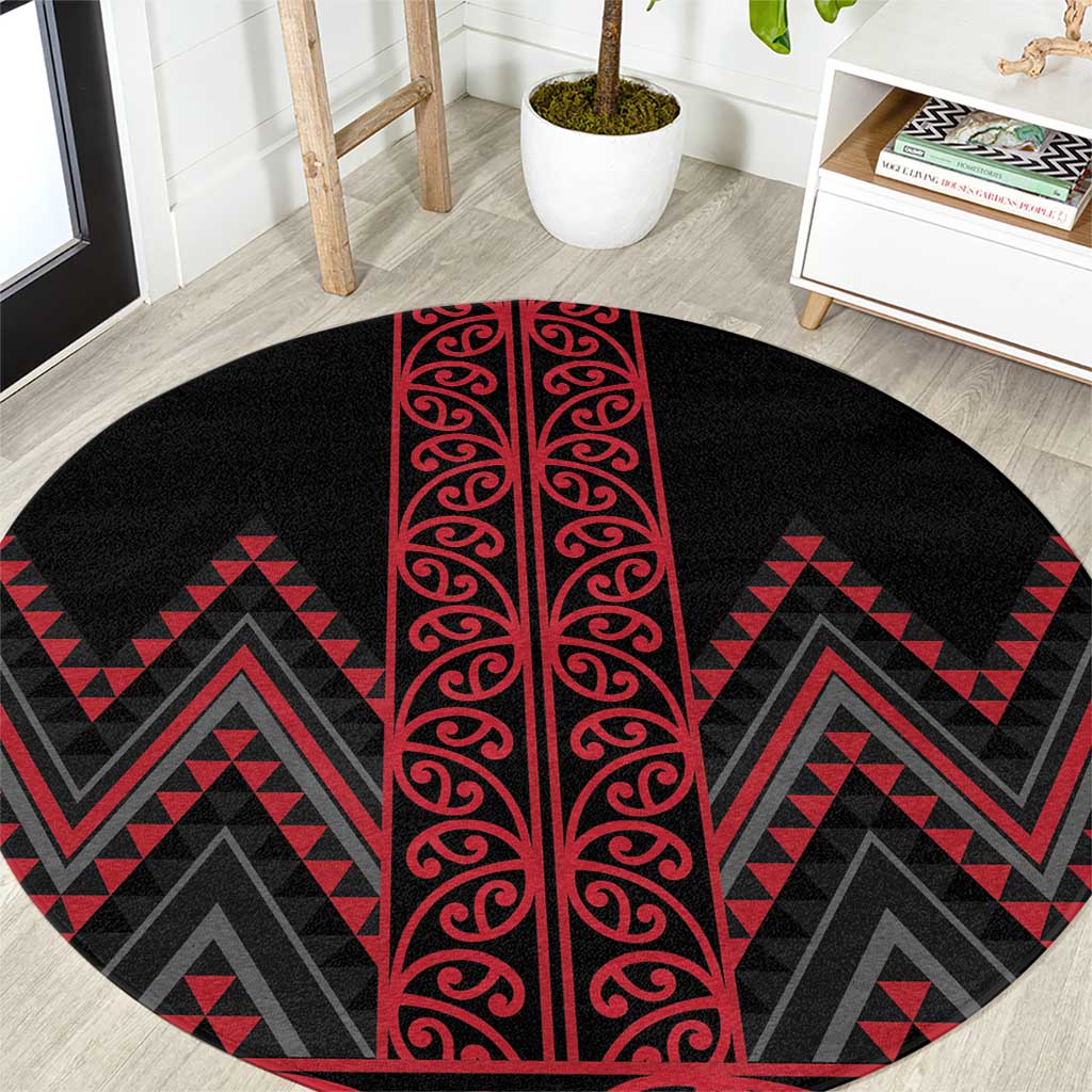 Red Aotearoa Mangopare Kowhaiwhai and Niho Taniwha Round Carpet Maori New Zealand