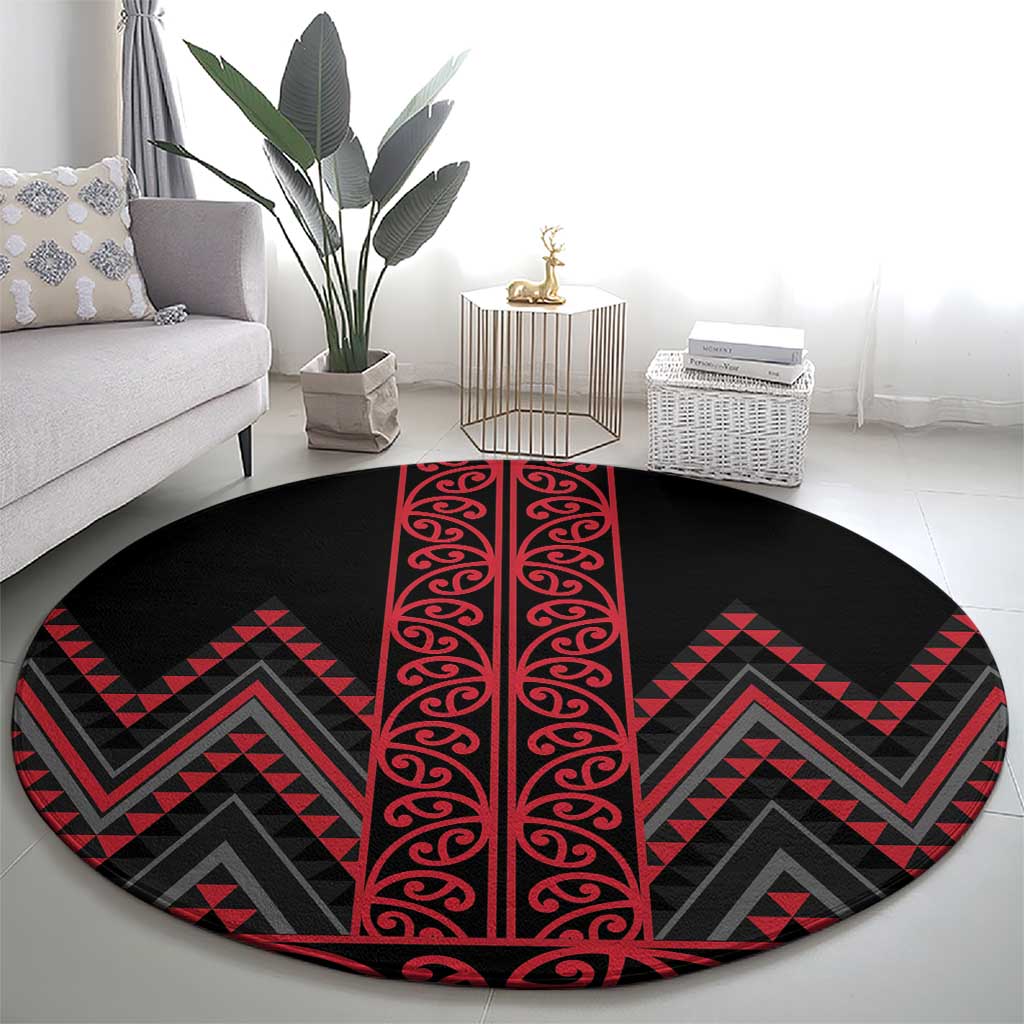Red Aotearoa Mangopare Kowhaiwhai and Niho Taniwha Round Carpet Maori New Zealand