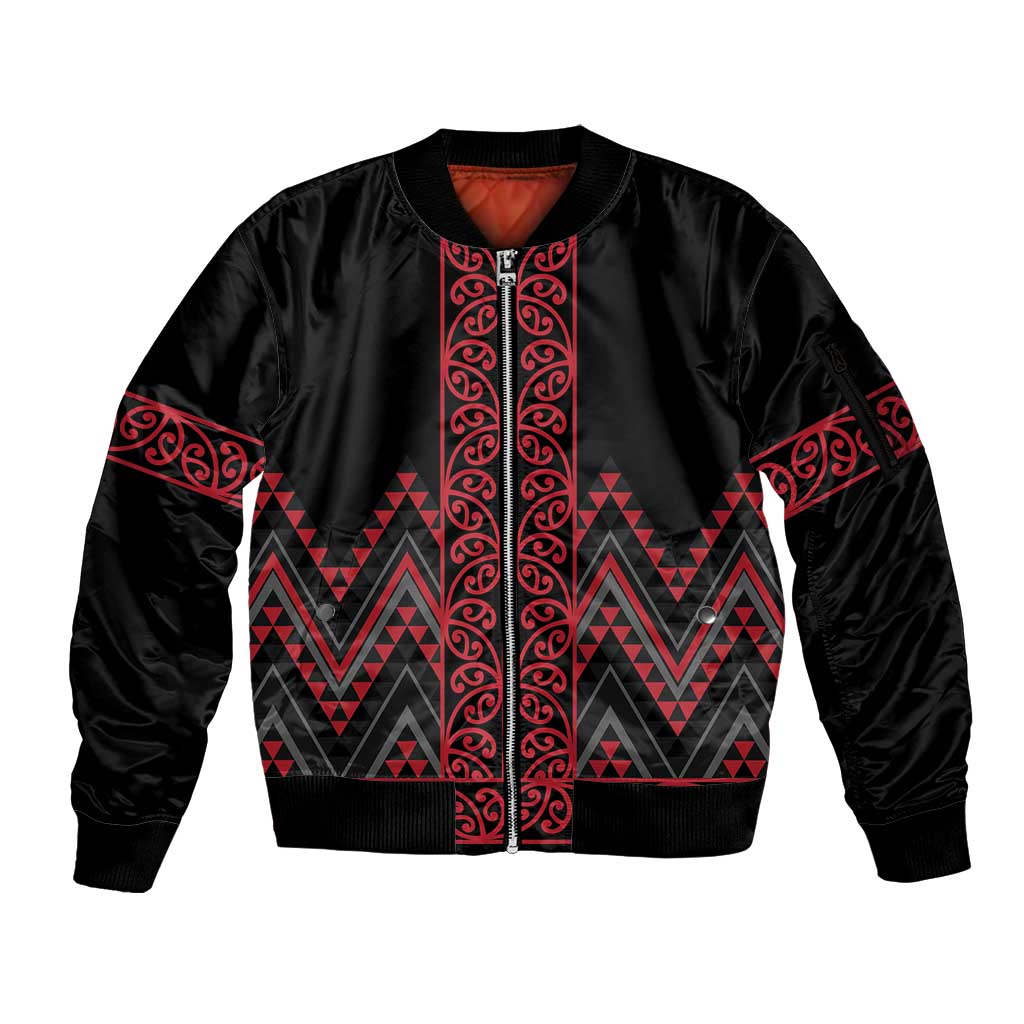 Red Aotearoa Mangopare Kowhaiwhai and Niho Taniwha Sleeve Zip Bomber Jacket Maori New Zealand