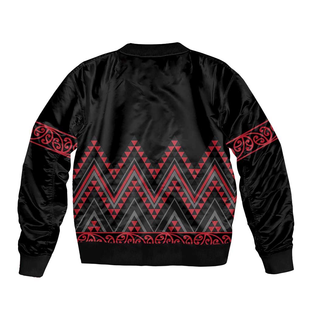 Red Aotearoa Mangopare Kowhaiwhai and Niho Taniwha Sleeve Zip Bomber Jacket Maori New Zealand