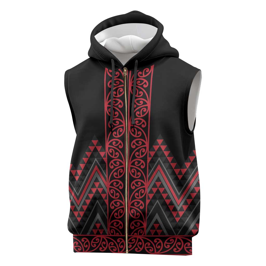 Red Aotearoa Mangopare Kowhaiwhai Niho Taniwha Sleeveless Zip Hoodie Maori New Zealand - Polynesian Pride