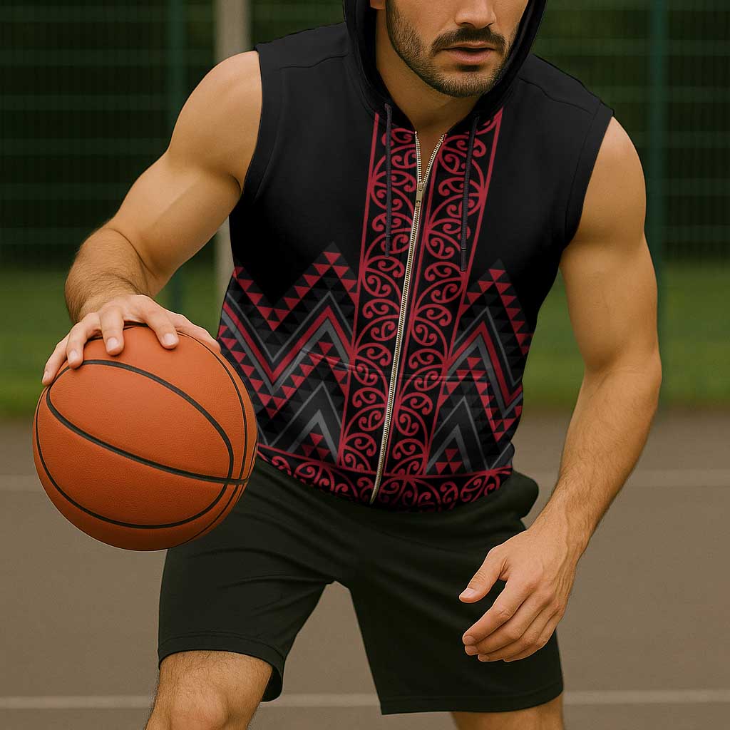 Red Aotearoa Mangopare Kowhaiwhai Niho Taniwha Sleeveless Zip Hoodie Maori New Zealand - Polynesian Pride