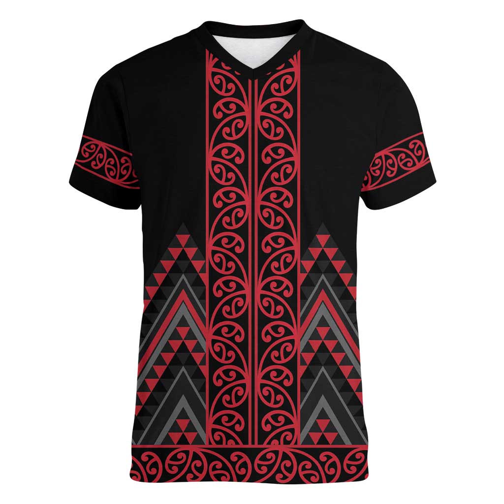 Red Aotearoa Mangopare Kowhaiwhai and Niho Taniwha Women V-Neck T-Shirt Maori New Zealand