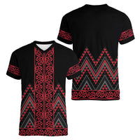 Red Aotearoa Mangopare Kowhaiwhai and Niho Taniwha Women V-Neck T-Shirt Maori New Zealand