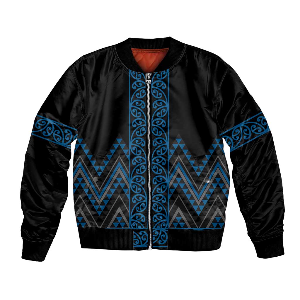 Blue Aotearoa Mangopare Kowhaiwhai and Niho Taniwha Bomber Jacket Maori New Zealand