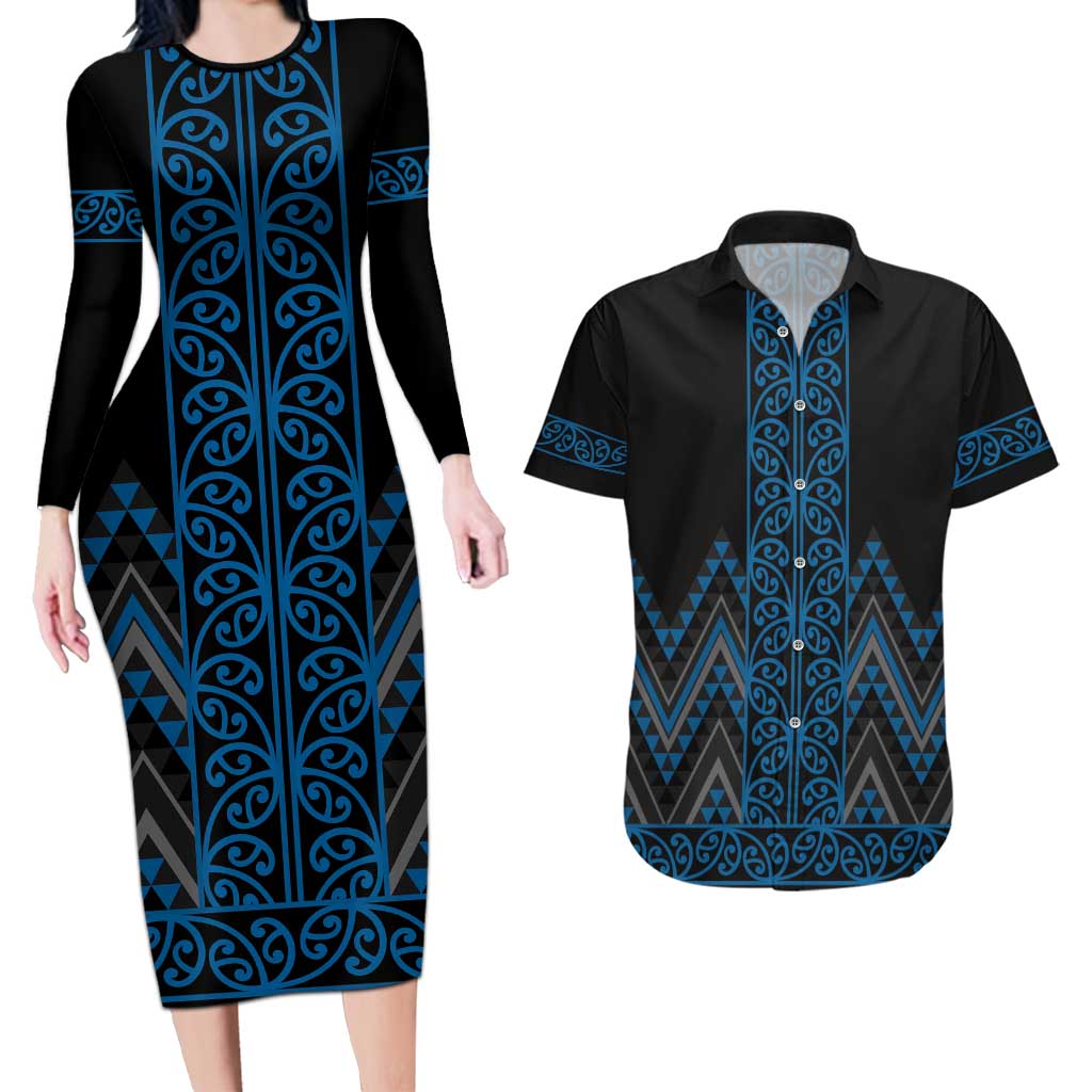 Blue Aotearoa Mangopare Kowhaiwhai and Niho Taniwha Couples Matching Long Sleeve Bodycon Dress and Hawaiian Shirt Maori New Zealand