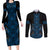 Blue Aotearoa Mangopare Kowhaiwhai and Niho Taniwha Couples Matching Long Sleeve Bodycon Dress and Long Sleeve Button Shirt Maori New Zealand