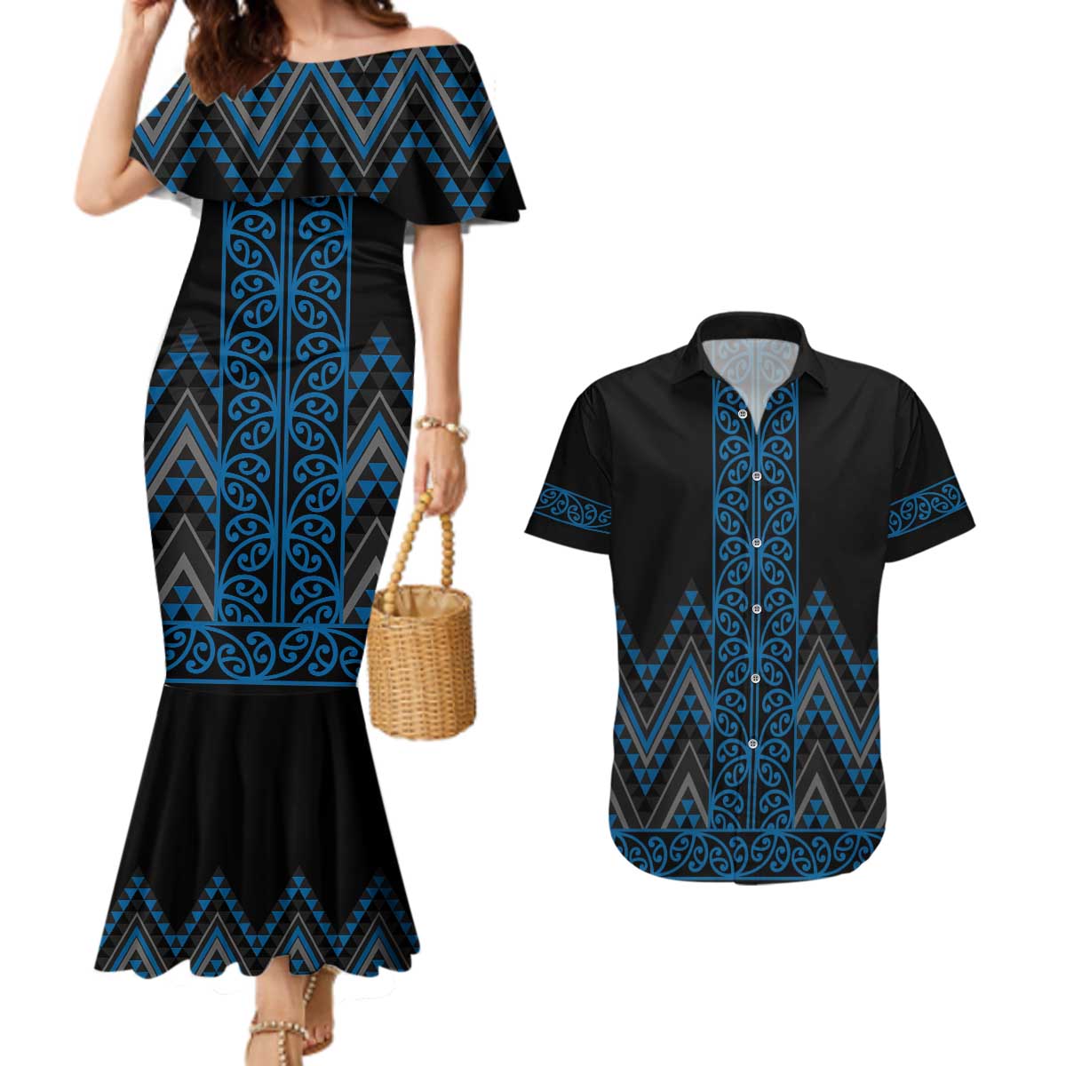 Blue Aotearoa Mangopare Kowhaiwhai and Niho Taniwha Couples Matching Mermaid Dress and Hawaiian Shirt Maori New Zealand