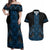 Blue Aotearoa Mangopare Kowhaiwhai and Niho Taniwha Couples Matching Off Shoulder Maxi Dress and Hawaiian Shirt Maori New Zealand