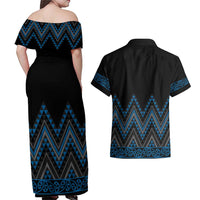 Blue Aotearoa Mangopare Kowhaiwhai and Niho Taniwha Couples Matching Off Shoulder Maxi Dress and Hawaiian Shirt Maori New Zealand